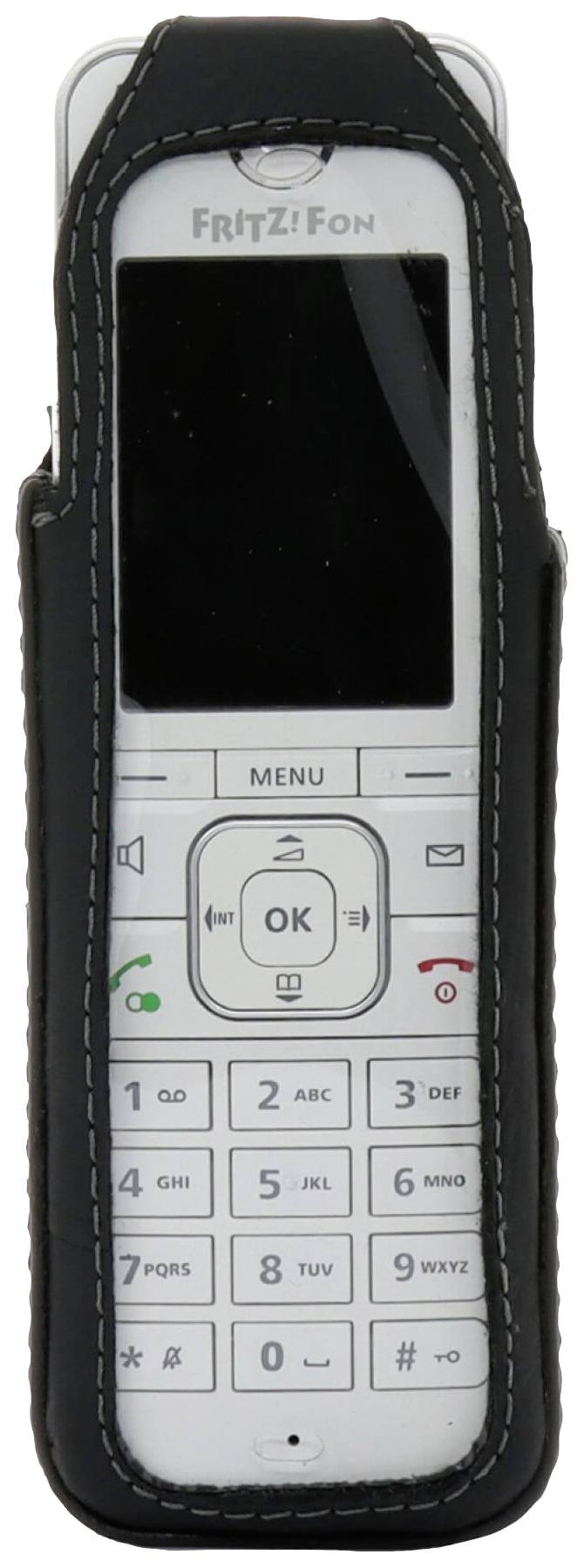 Ein schnurloses Telefon, teilweise in einer schwarzen Hülle, mit Tastenfeld und Display mit dem Text 'FRITZ!Fon' oben.