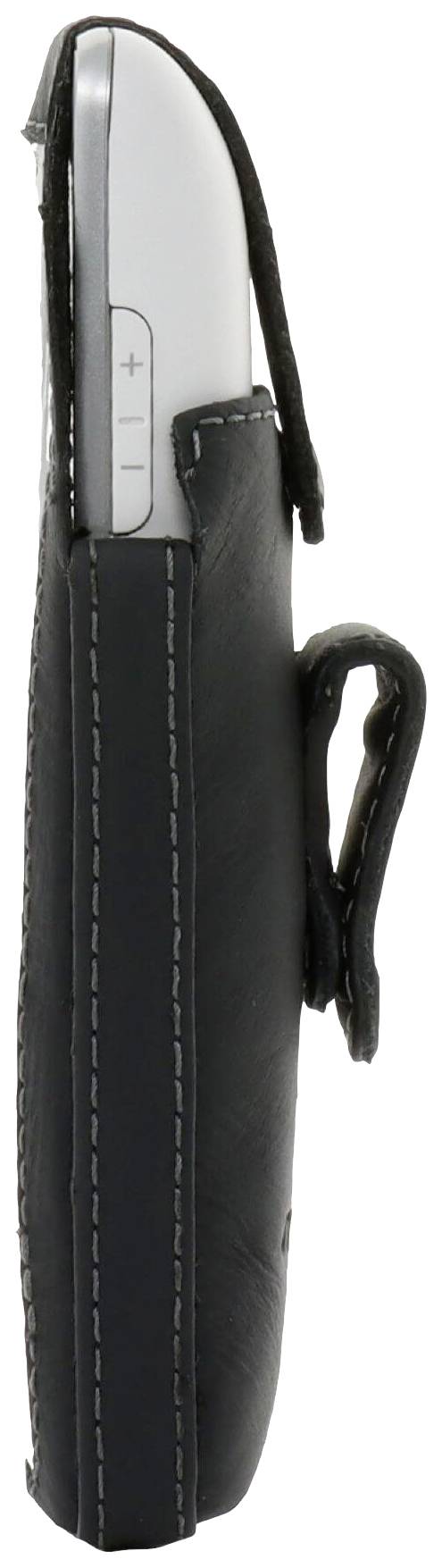 Handy in einer schwarzen Ledertasche mit Sicht auf die seitlichen Lautstärkeregler. Es ist eng anliegend und bietet Schutz.