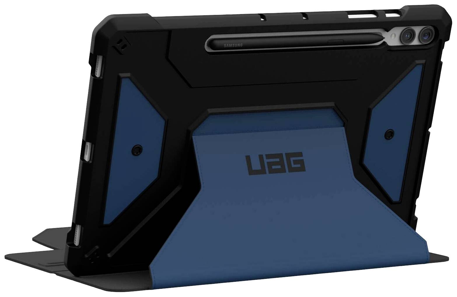 Tablet-Hülle in Blau und Schwarz mit verstärkten Ecken, aufrecht stehend.