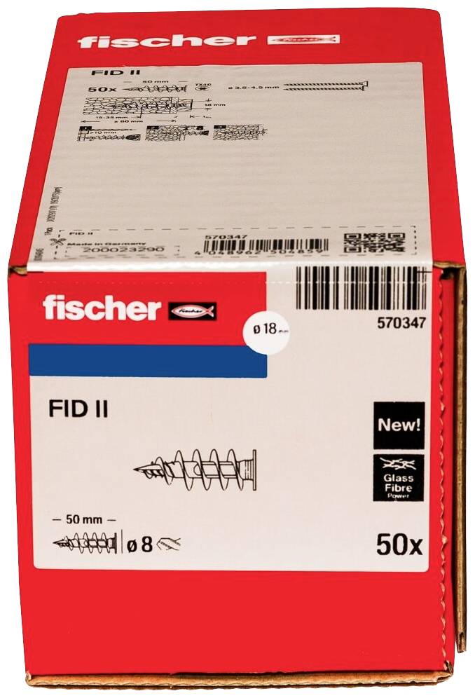 Verpackung eines Fischer FID II Dübelsets, enthält 50 Stück. Beschriftung zeigt Dübelillustration, EAN-Code, Glasfaserhinweis.