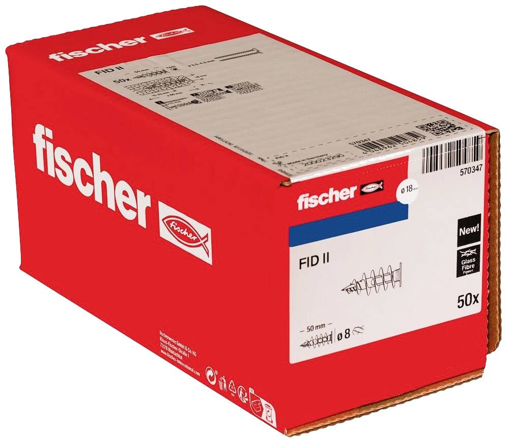 Eine rote Verpackungsschachtel von Fischer, beschriftet mit 'FID II', enthält 50 Einheiten eines Befestigungselements.