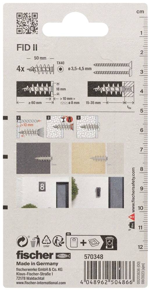 'FID II' Schraubenverpackung mit Abbildungen zur Montage: Bohrmaschine, Dübel, Schrauben. Geeignet für 10 mm Löcher in Mauerwerk oder Dämmung.