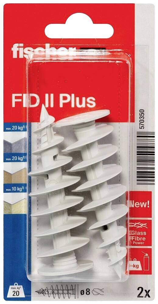 Verpackung von Fischer FID II Plus Dübeln für Gipskarton. Enthält 8 weiße Dübel aus Glasfaser. Maximale Traglast: 20 kg.