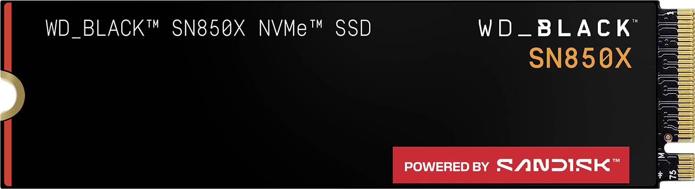 'WD_BLACK SN850X NVMe SSD' mit 'Powered by SanDisk'-Kennzeichnung, schwarzes Design mit Gold- und Weißakzenten.