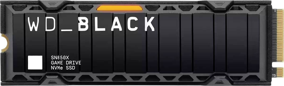 'WD_BLACK' SSD, SN850X-Modell, GAME DRIVE, NVMe SSD. Schwarzes Design mit orangefarbenem Detail und goldfarbenem Anschluss auf der rechten Seite.