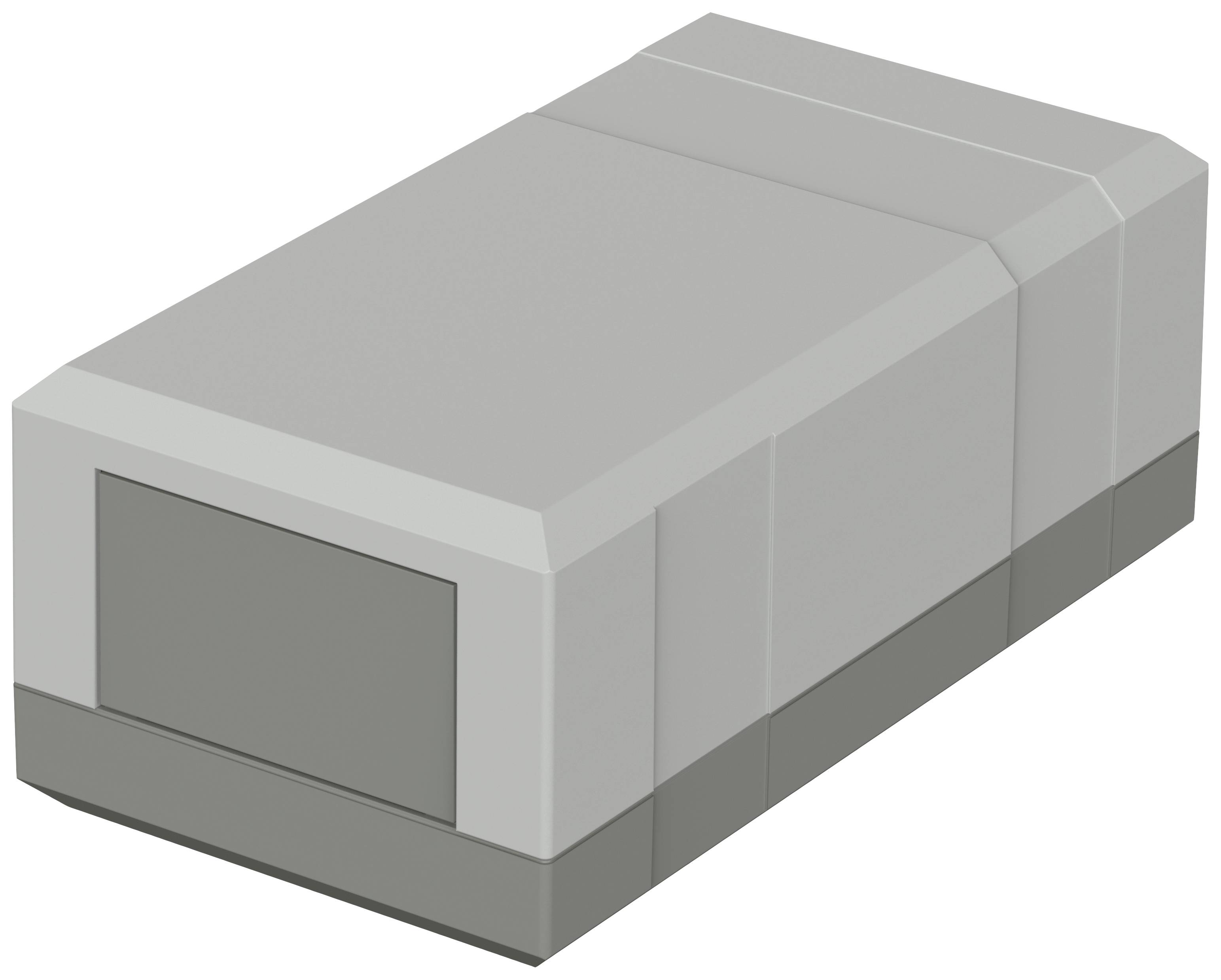 Graues, rechteckiges, 3D-Objekt, das an einen Bettrahmen erinnert. Es hat klare Kanten und eine minimalistische Gestaltung.