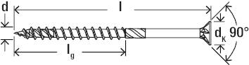 Technische Zeichnung einer Senkkopf-Schraube mit Längen- und Winkelangaben: Durchmesser 'd', Länge 'l', Gewindelänge 'lg', Kopfwinkel '90°'.