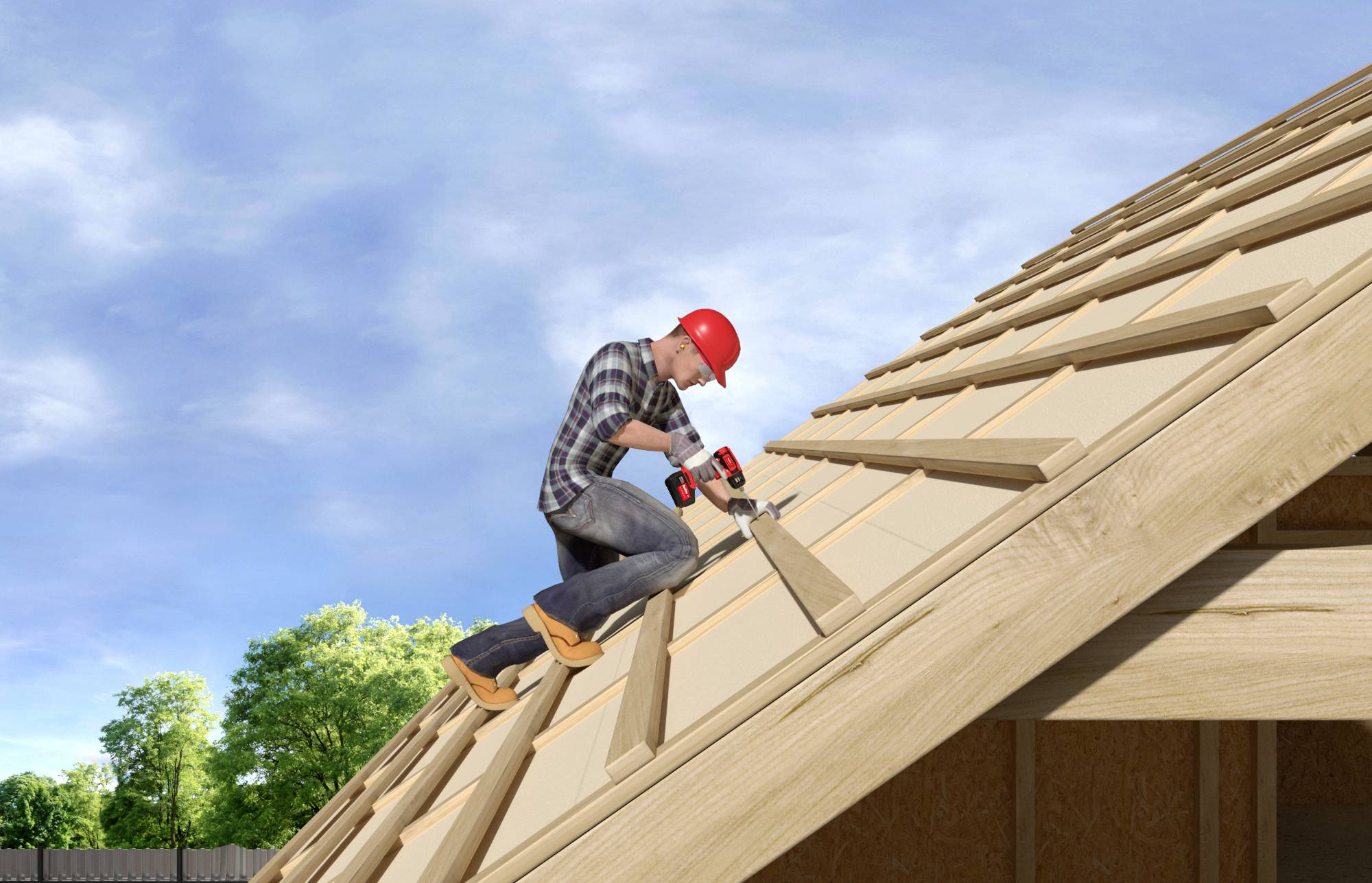 Eine Person in Arbeitskleidung und Schutzhelm befestigt Holzplatten auf einem Dach. Hintergrund zeigt blauen Himmel und Bäume.