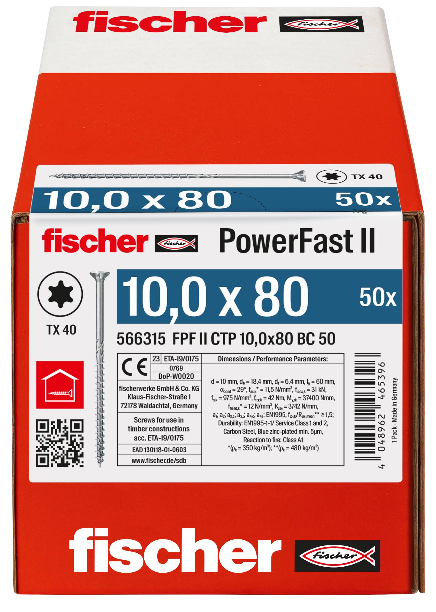 Fischer 566315 PowerFast II Senk-Holzschraube 10mm 80mm Innenvielzahn Stahl galvanisch verzinkt 50St.