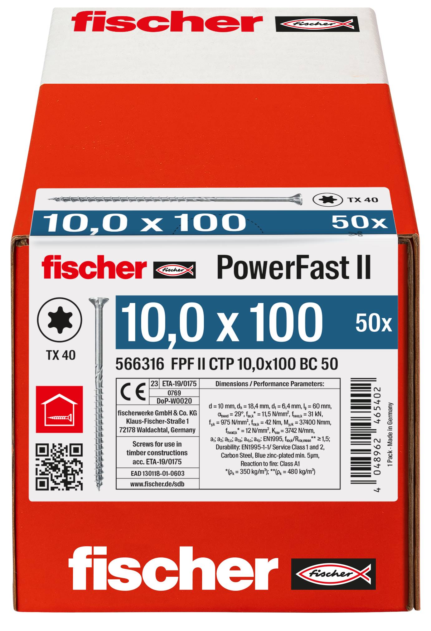 Fischer 566316 PowerFast II Senk-Holzschraube 10mm 100mm Innenvielzahn Stahl galvanisch verzinkt 50St.