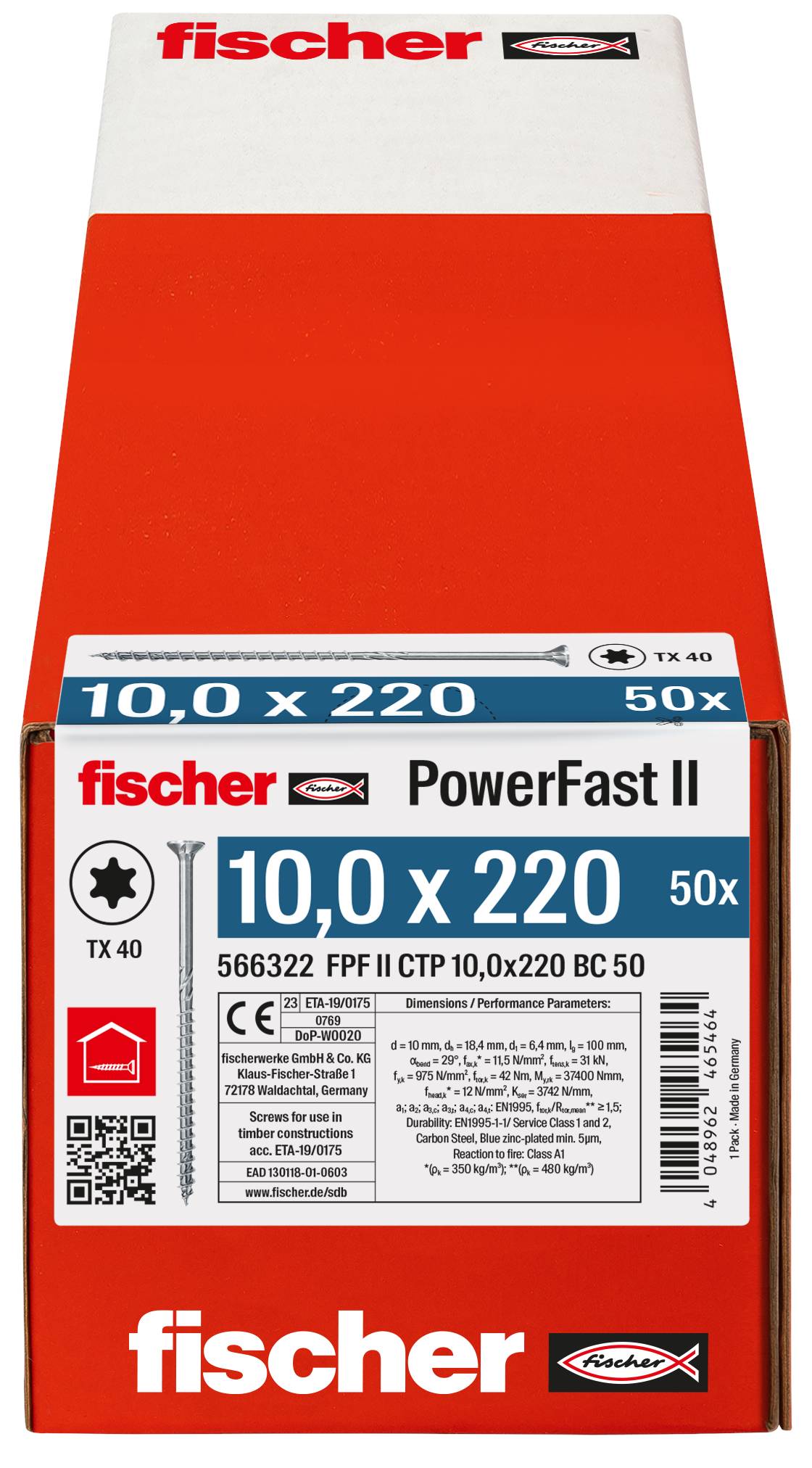 Fischer 566322 PowerFast II Senk-Holzschraube 10mm 220mm Innenvielzahn Stahl galvanisch verzinkt 50St.