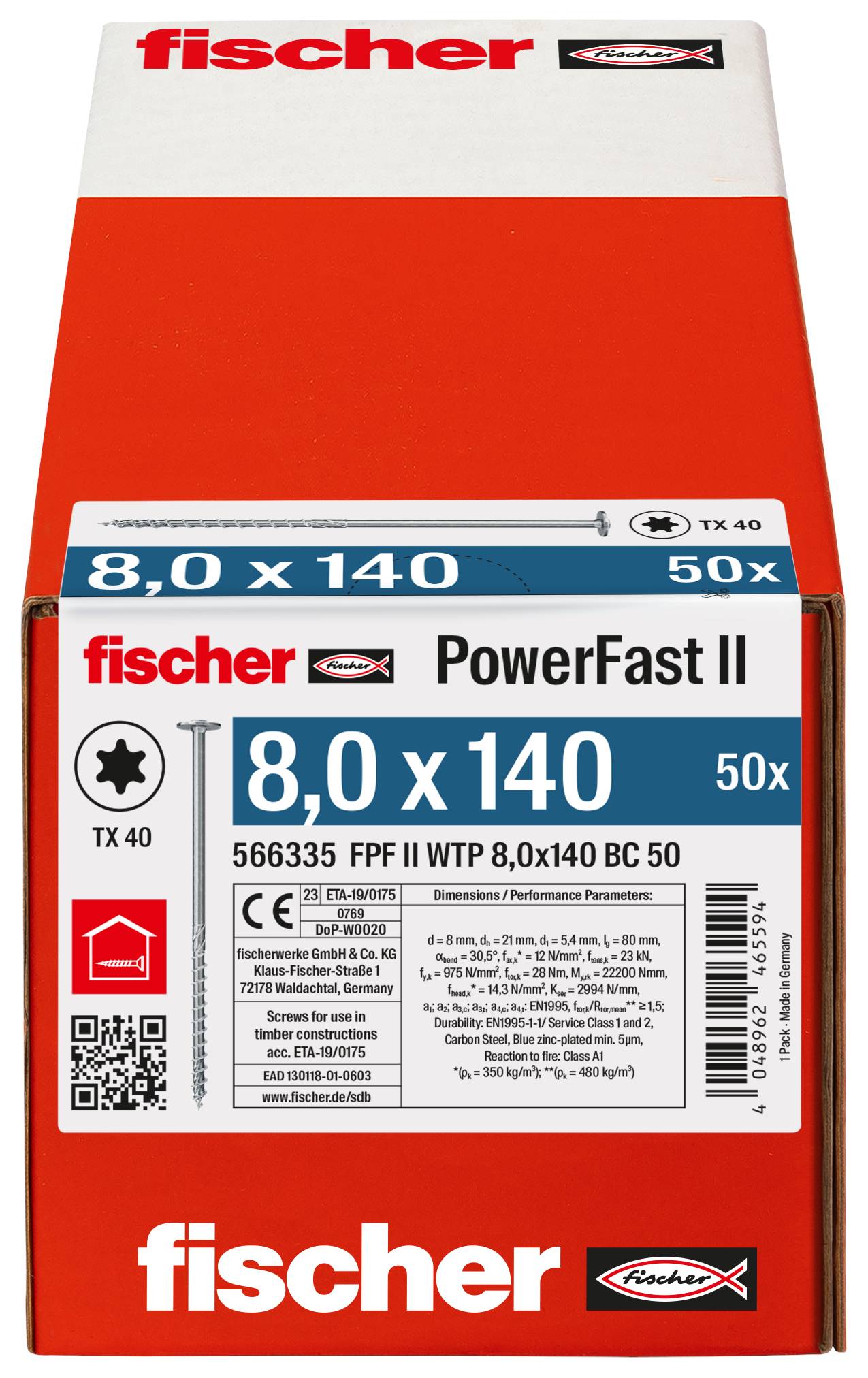 Fischer 566335 PowerFast II Tellerschrauben 8mm 140mm Innenvielzahn Stahl galvanisch verzinkt 50St.