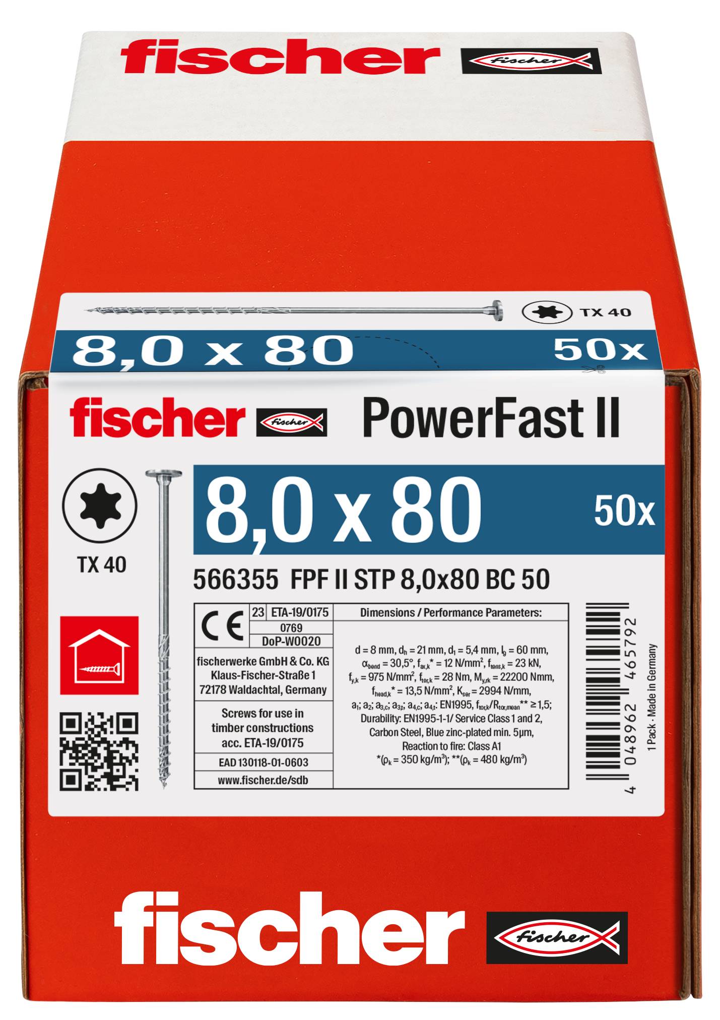 Fischer 566355 PowerFast II Senk-Holzschraube 8mm 80mm Innenvielzahn Stahl galvanisch verzinkt 50St.