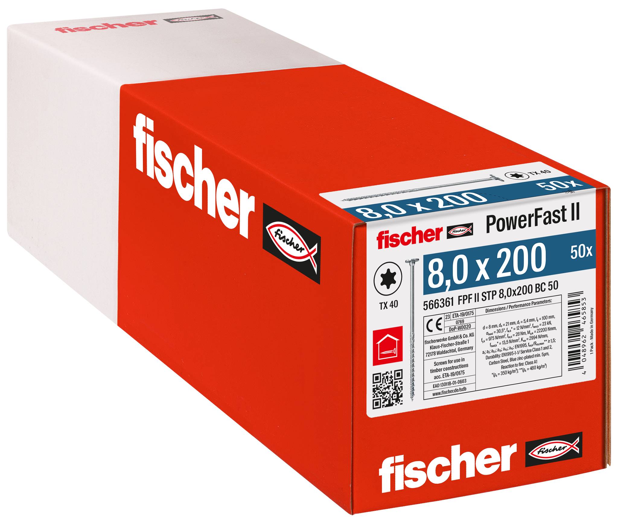 Rote Fischer PowerFast II Schraubenbox mit Beschriftung 8,0 x 200, 50er Pack, mit Produktdetails auf der Vorderseite.