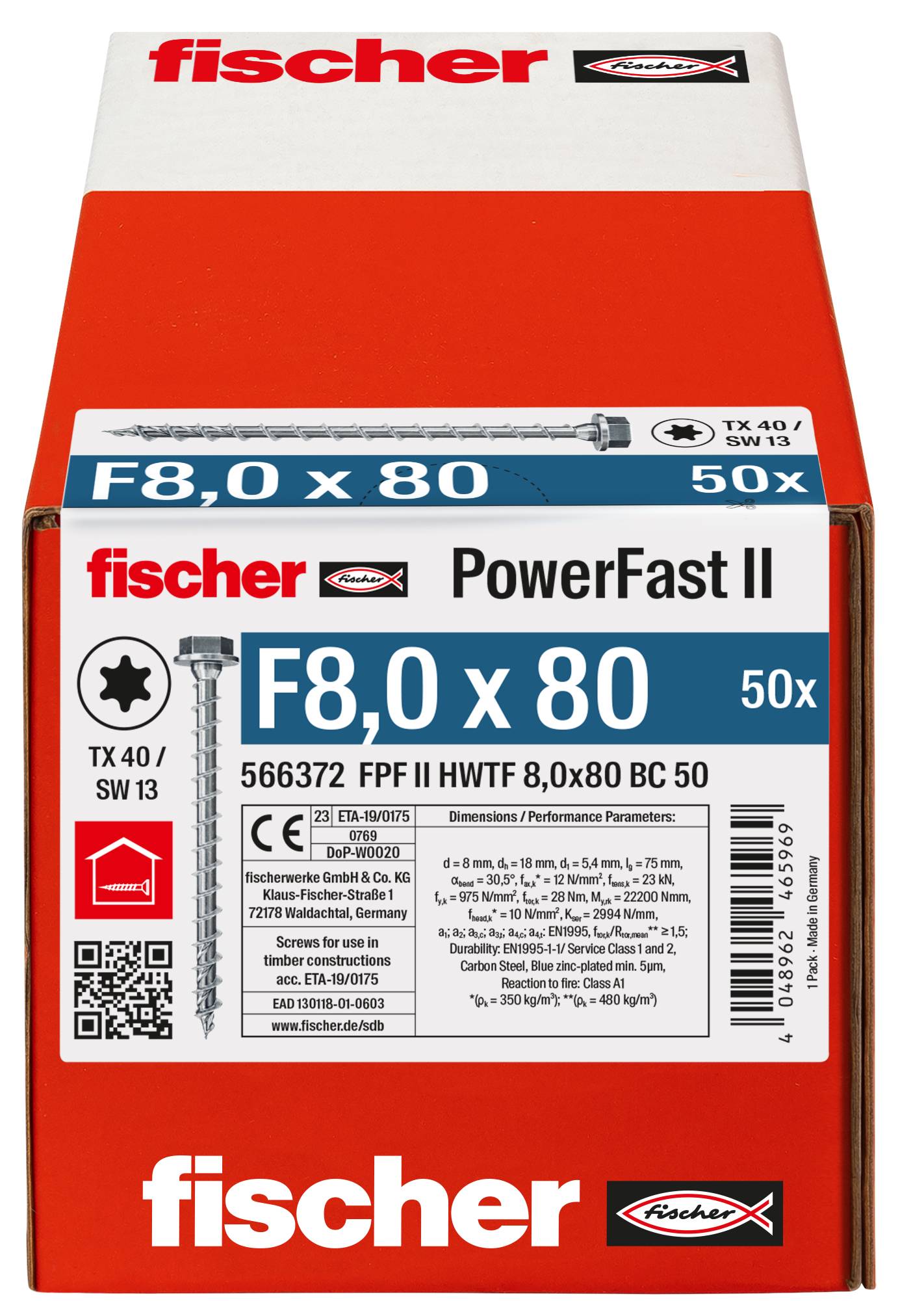 Fischer 566372 PowerFast II Sechskant-Holzschraube 8mm 80mm Innenvielzahn Stahl galvanisch verzinkt 50St.