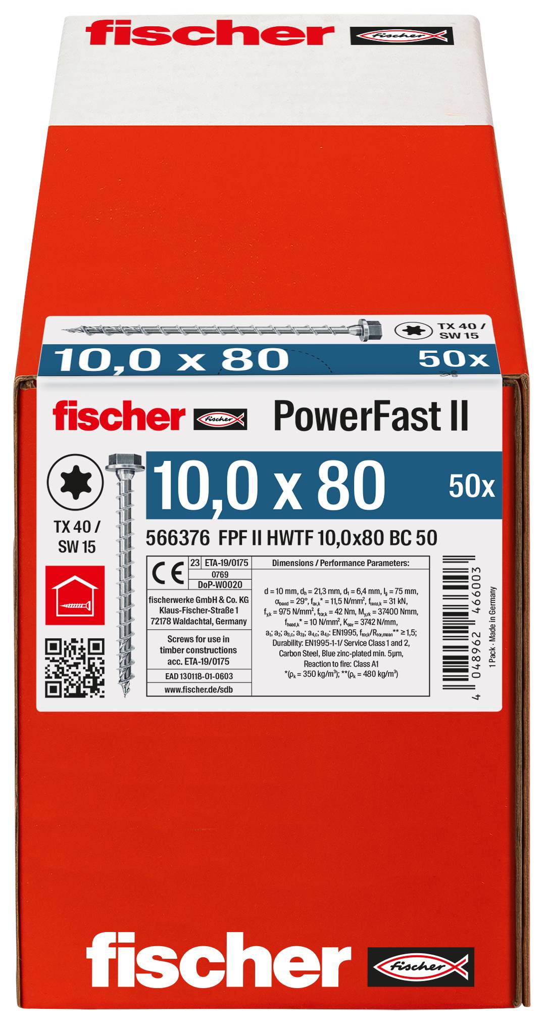 Fischer 566376 PowerFast II Sechskant-Holzschraube 10mm 80mm Innenvielzahn Stahl galvanisch verzinkt 50St.