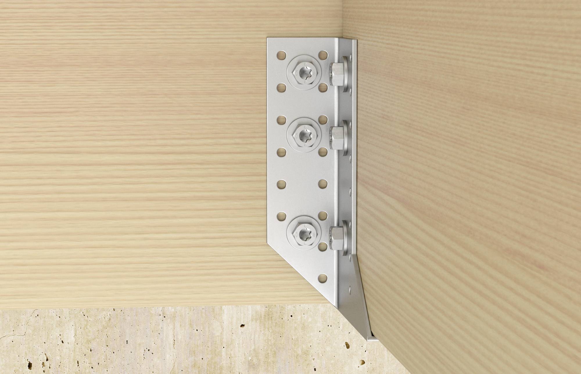 Metalleckverbinder mit mehreren Schrauben, befestigt an zwei Holzplatten in einem rechten Winkel.