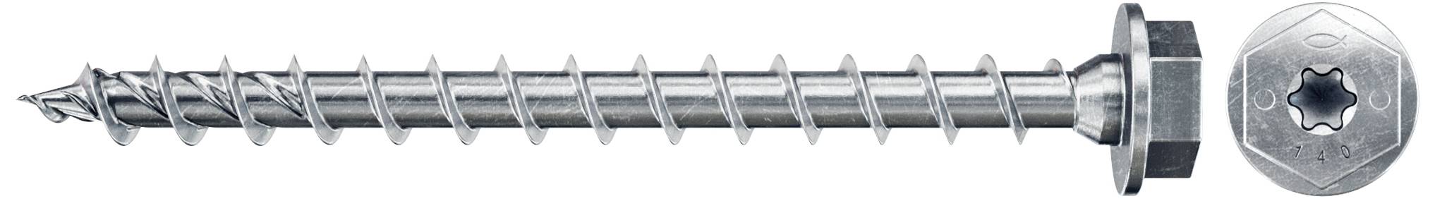 Metallschraube mit sechskantigem Kopf und scharfem, gewundenem Gewinde, geeignet für Holz- und Metallanwendungen.