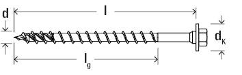 Diagramm einer Schraube mit Beschriftungen: Gesamtlänge (l), Gewindelänge (lg), Durchmesser (d), Kopfdurchmesser (dk).