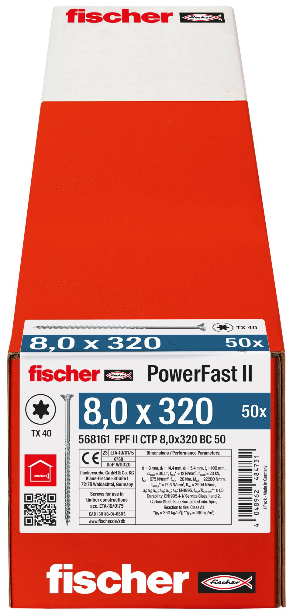 Fischer 568161 PowerFast II Senk-Holzschraube 8mm 320mm Innenvielzahn Stahl galvanisch verzinkt 50St.