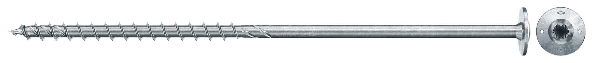 Eine Metallschraube mit sechskantigem Unterlegscheibenkopf, daneben die runde Spitze gezeigt für Details zu Größe und Form.