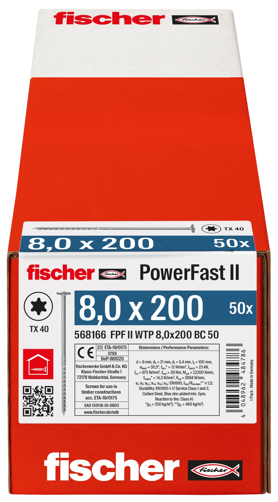Fischer 568166 PowerFast II Tellerschrauben 8mm 200mm Innenvielzahn Stahl galvanisch verzinkt 50St.