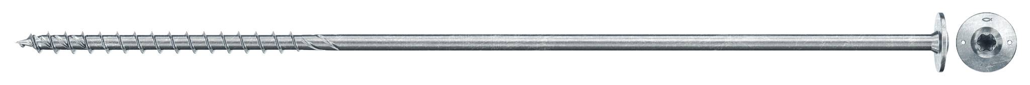 Ein langer Metallstab mit einem runden, durchlöcherten Kopf auf der rechten Seite, horizontal vor weißem Hintergrund dargestellt.