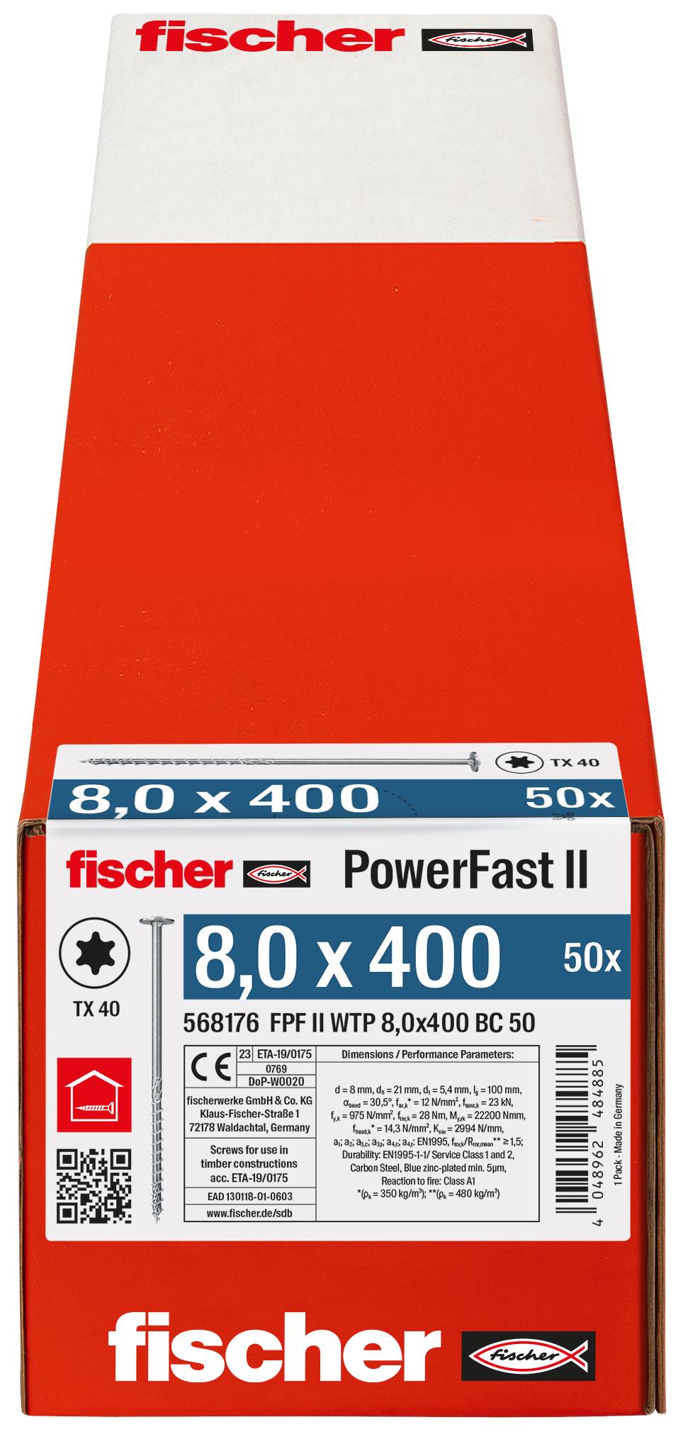 Fischer 568176 PowerFast II Tellerschrauben 8mm 400mm Innenvielzahn Stahl galvanisch verzinkt 50St.