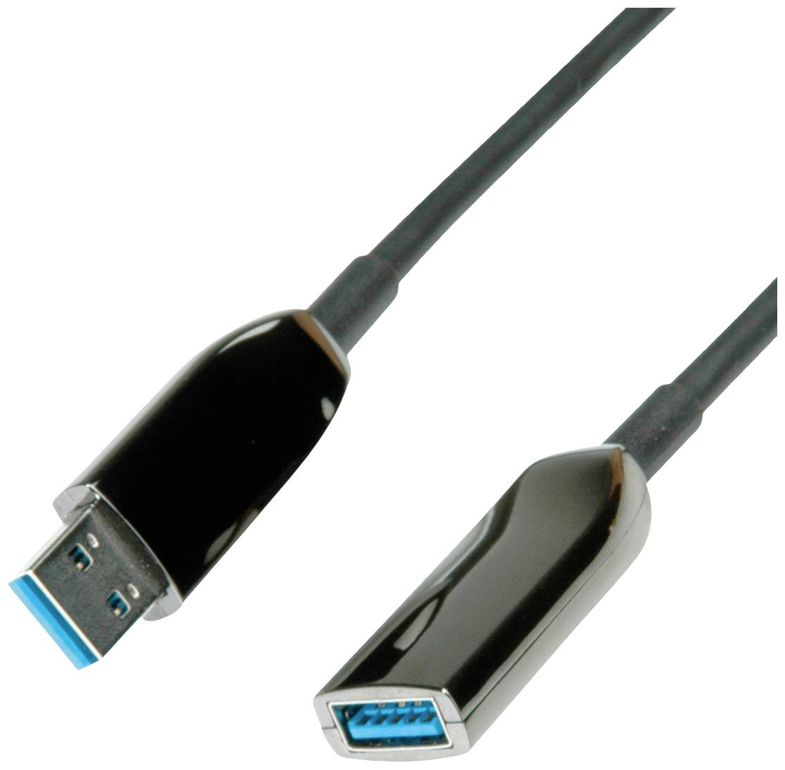 Schwarzes USB-Kabel mit USB-A-Stecker und Buchse, unterstützt Datenübertragung und Ladefunktionalität.