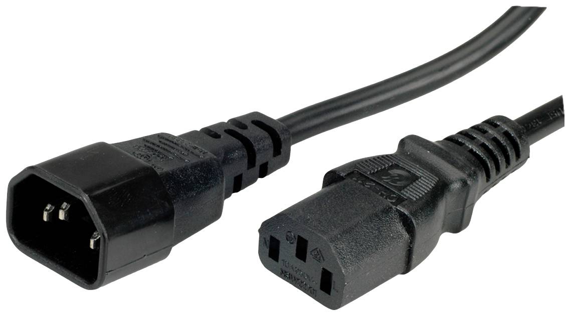 Ein schwarzes Netzkabel mit zwei Steckern, einem C13-Stecker und einem C14-Stecker, für die Verbindung von Geräten mit Stromquellen.