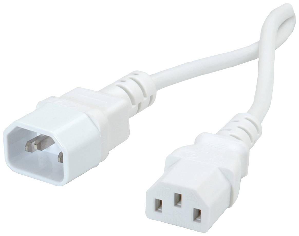 Ein weißes Stromkabel mit einem weiblichen Stecker am einen Ende und einem männlichen Stecker am anderen.