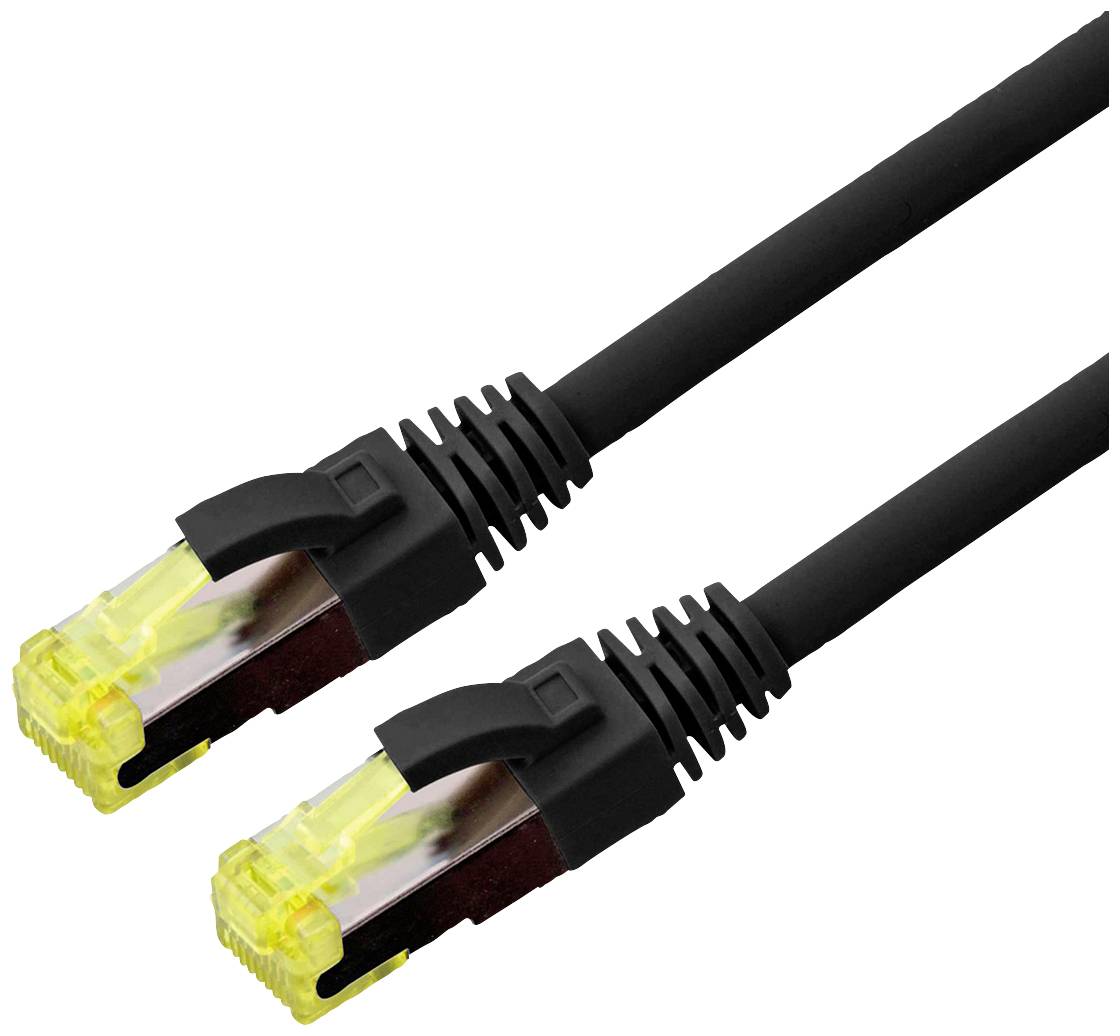 Zwei schwarze Netzwerkkabel mit gelben Steckern.