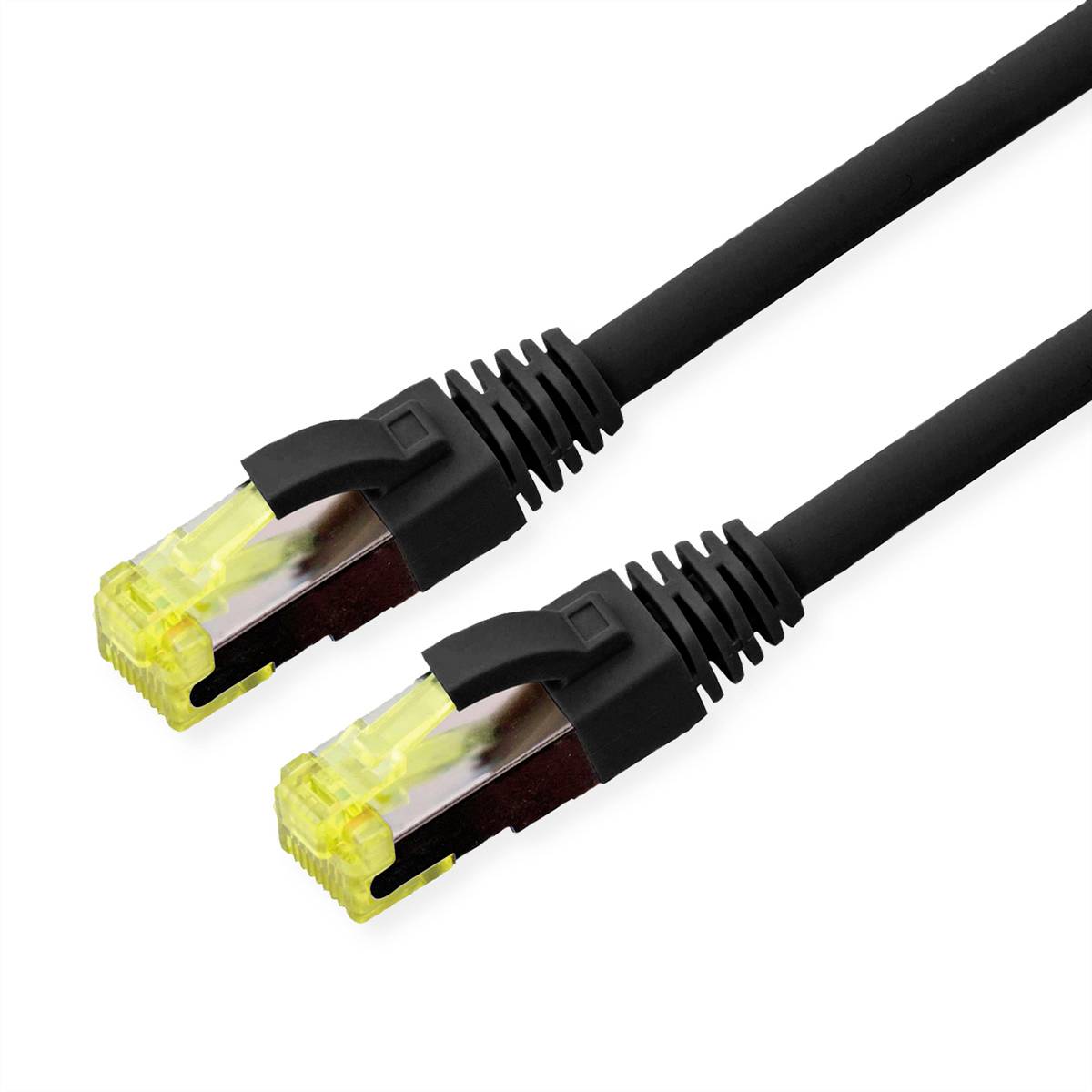 Zwei schwarze Ethernet-Kabel mit gelben Steckern, nebeneinander liegend, auf weißem Hintergrund.