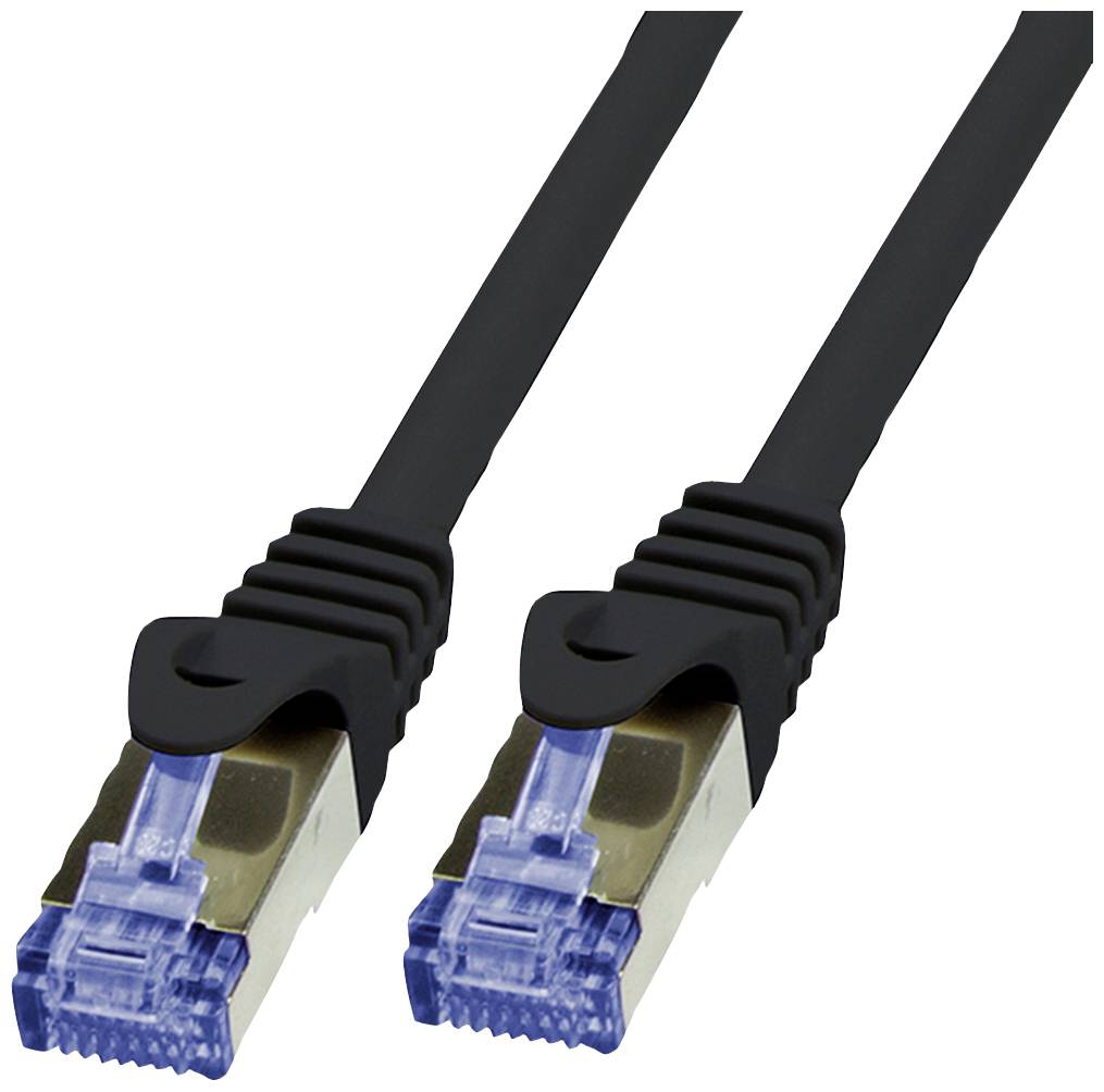 Ein schwarzes Netzwerkkabel mit zwei RJ45-Steckern an den Enden.