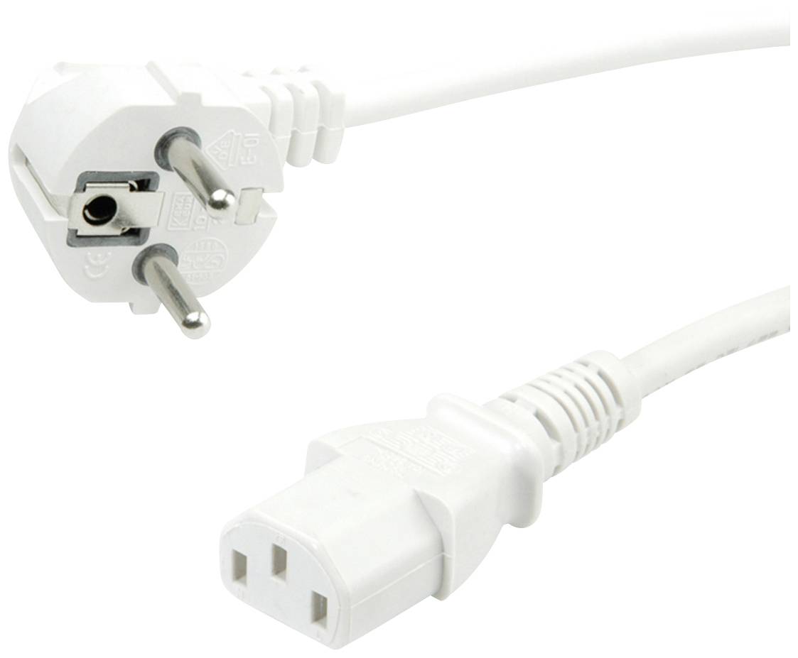 Ein weißes Stromkabel mit einem Schuko-Stecker auf einer Seite und einem C13-Buchsenverbinder auf der anderen Seite.