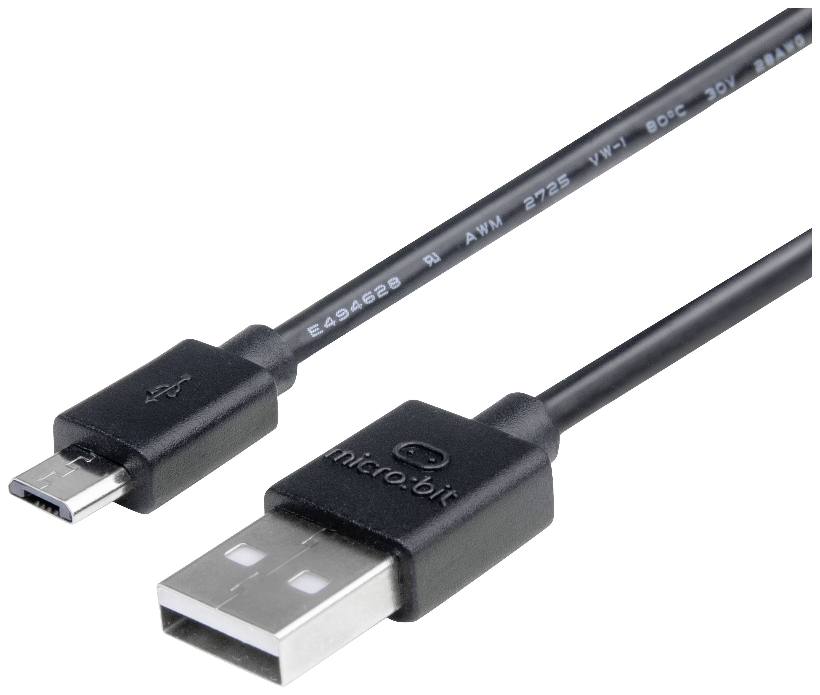 USB-Kabel mit Micro-USB- und Standard-USB-Stecker, verwendet für die Verbindung von Mikrocontrollern oder mobilen Geräten.
