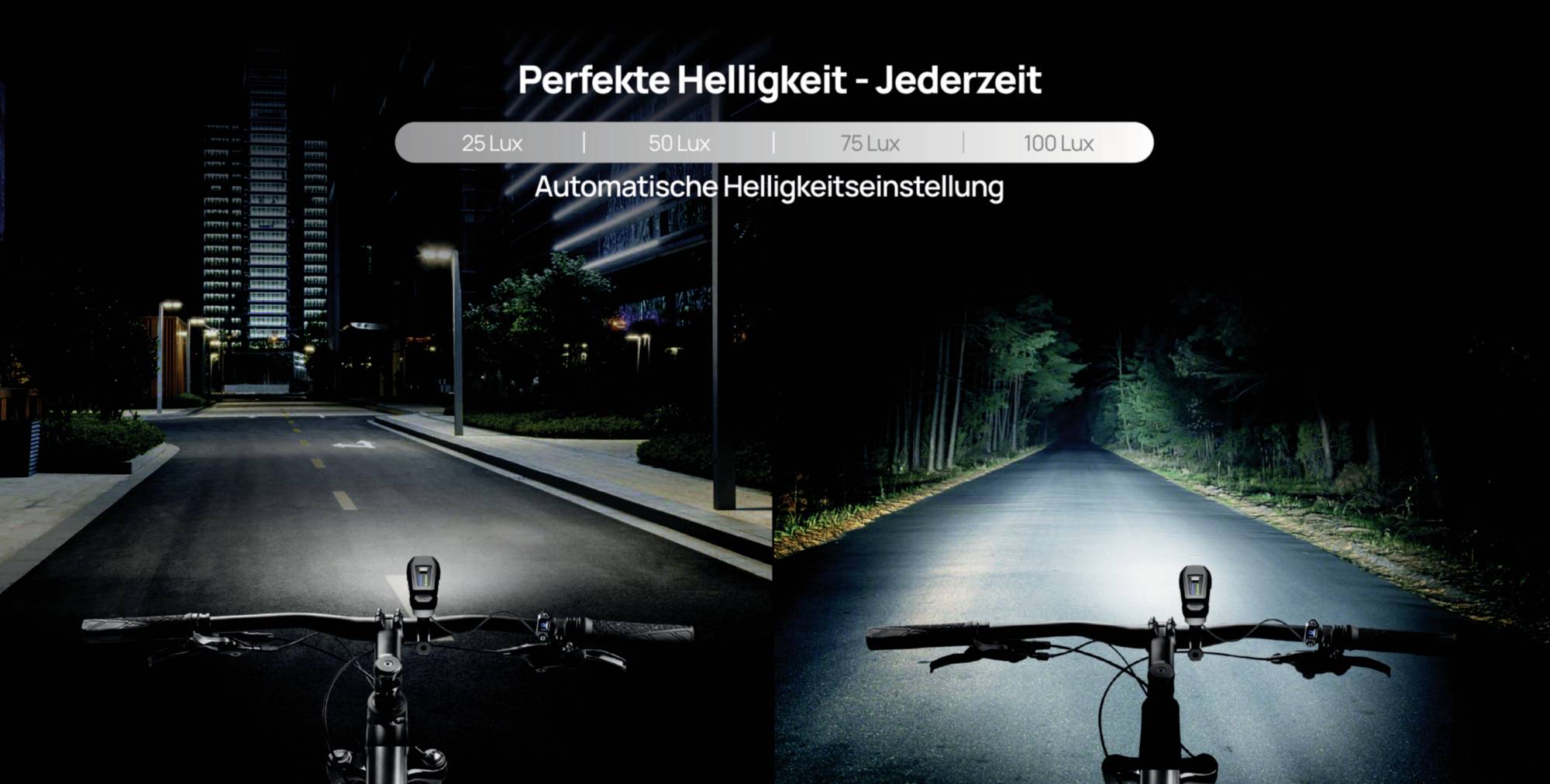 Geteiltes Bild: Links Stadtstraße bei Nacht mit Straßenbeleuchtung, rechts Waldweg bei Nacht. Text oben: 'Perfekte Helligkeit - Jederzeit'. Text unten: 'Automatische Helligkeitseinstellung'. Im Vordergrund Fahrradlenker mit Licht.