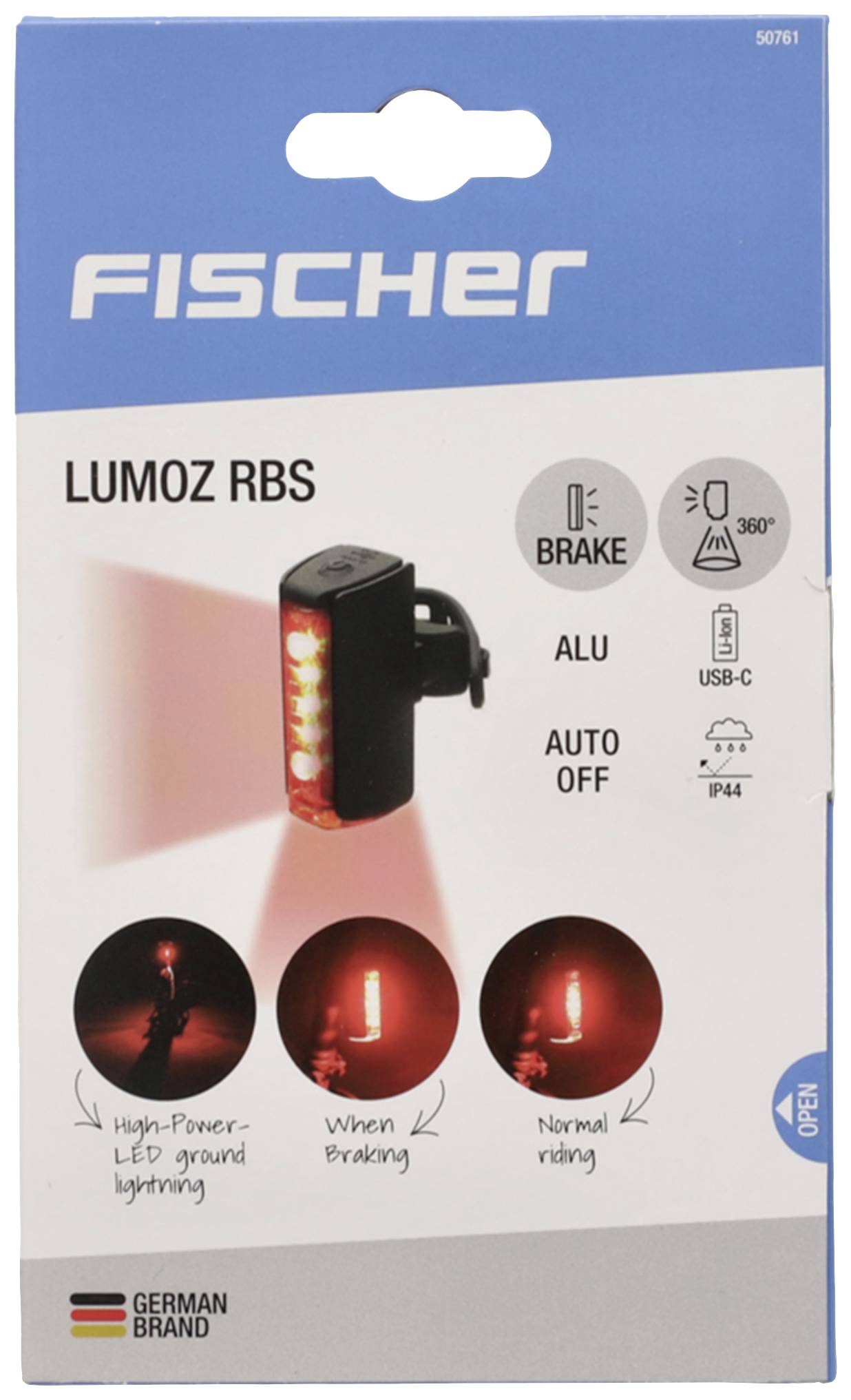 'FISCHER LUMOZ RBS' LED-Rücklicht. Merkmale: Bremslichtanzeige, 360° Sicht, USB-C aufladbar, spritzwassergeschützt (IP44).
