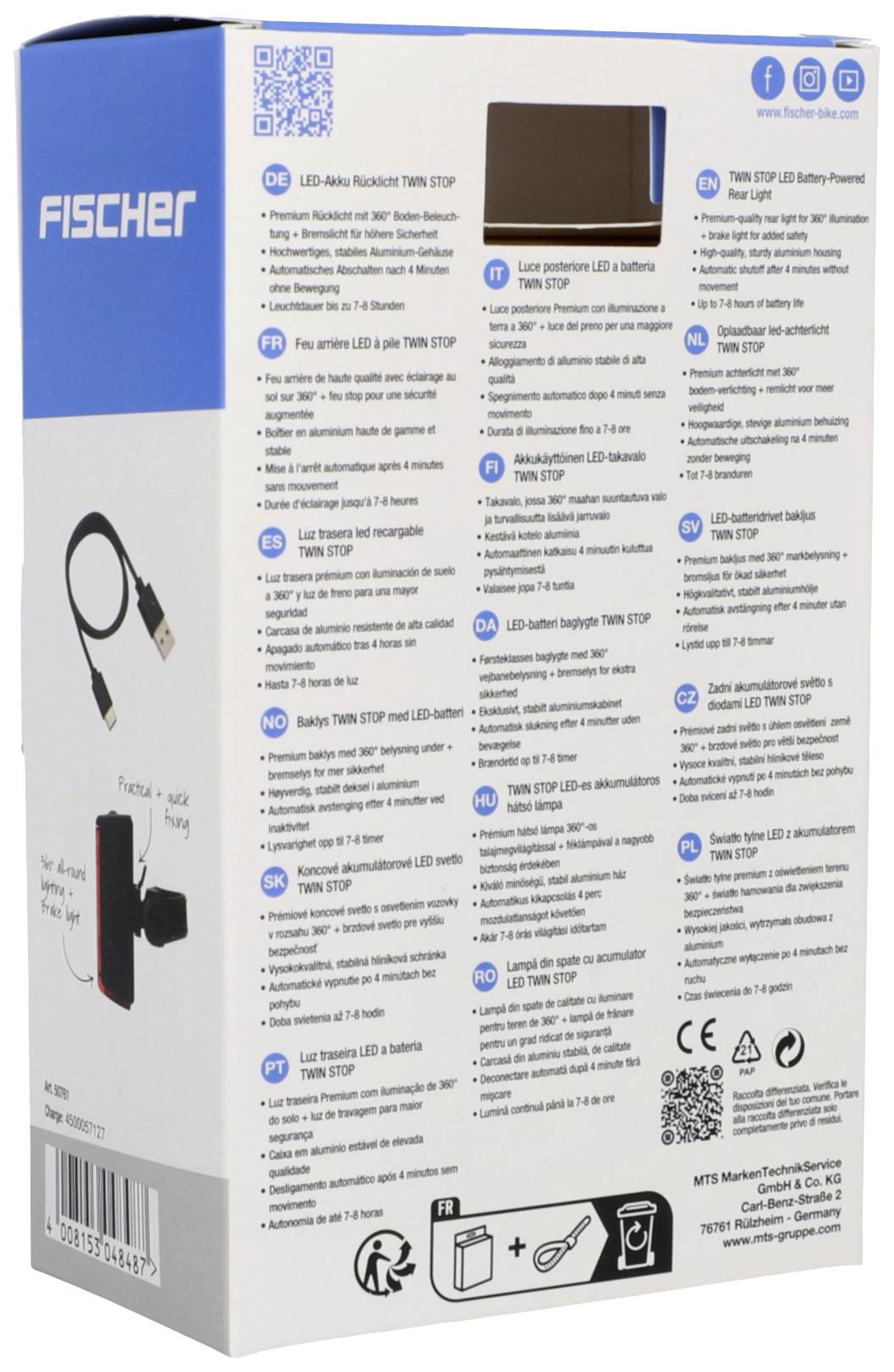 'FISCHER LED-Fahrradrücklicht TWN STOP' Verpackung. Zeigt Produkteigenschaften wie Batterie, Leuchtmodi, Montagezubehör und Sicherheitsmerkmale.