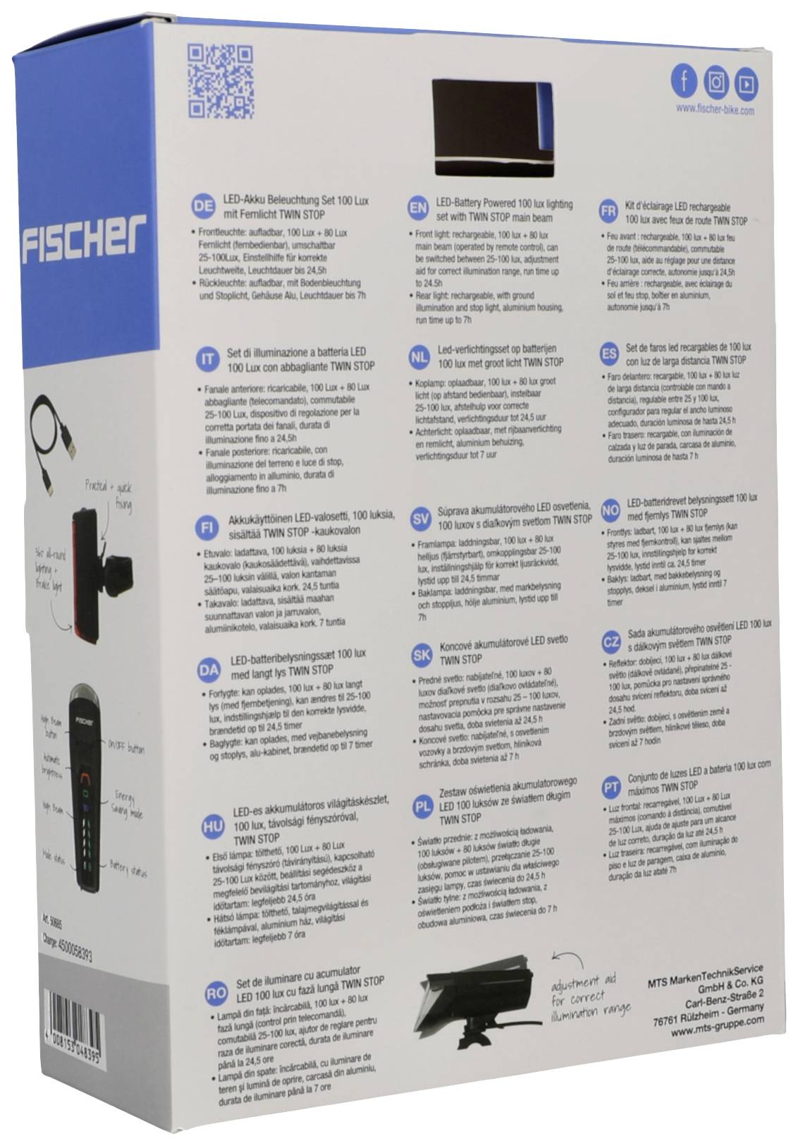 FISCHER FAHRRAD Fahrradbeleuchtung Set PLUS 100/130 Fernlicht + TWIN STOP LED Schwarz