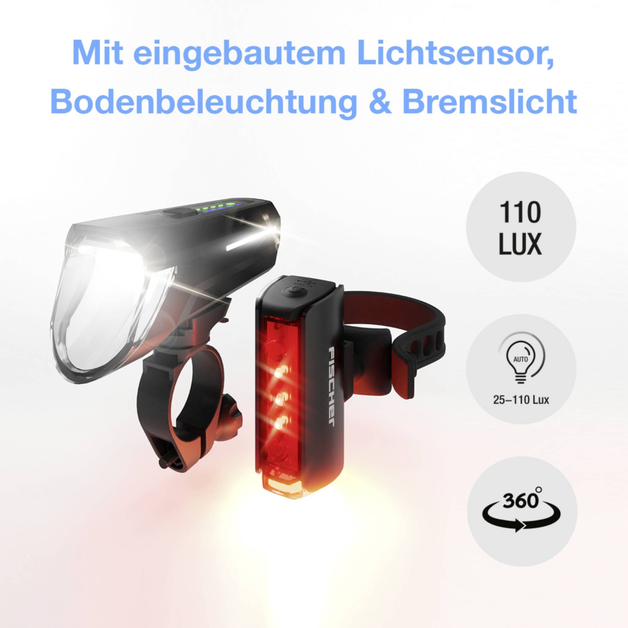 Fahrradbeleuchtung-Set bestehend aus Front- und Rücklicht. Frontlicht mit 110 Lux, Rücklicht mit Bremslichtfunktion, 360° Sichtbarkeit.