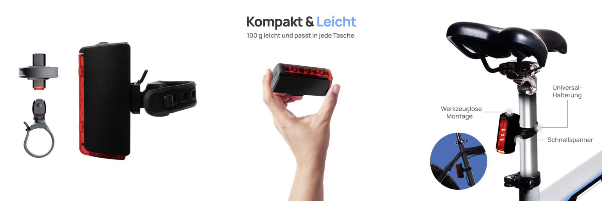 'Kompakt & Leicht' Fahrradlicht, zeigt Montageoptionen: Halterung, Schnellspannverschluss, und Tragbarkeit in der Hand.