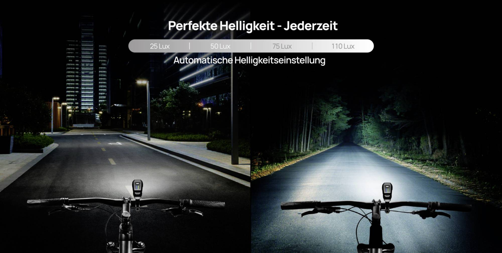 Fahrradlenker bei Nacht, links Stadtstraße mit Straßenbeleuchtung; rechts Waldweg, beide ausgeleuchtet. Text: 'Perfekte Helligkeit - Jederzeit'.