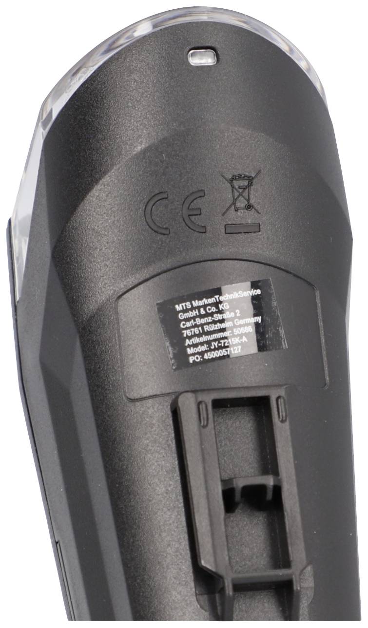 Ein schwarzes, tragbares elektronisches Gerät mit einem Clip und CE-Kennzeichnung. Aufgrund der Perspektive sind genauere Details schwer erkennbar.