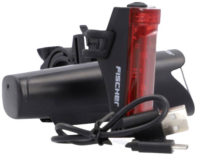 Ein schwarzes und rotes Fahrradlichtset mit USB-Ladekabel, bestehend aus Vorder- und Rücklicht.