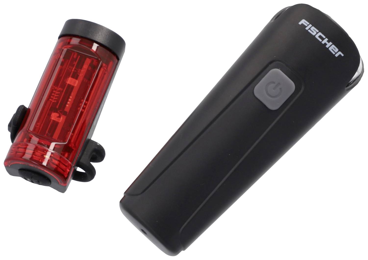 Ein Fahrradleuchten-Set bestehend aus einem schwarzen Frontlicht mit grauem Knopf und einem roten Rücklicht.