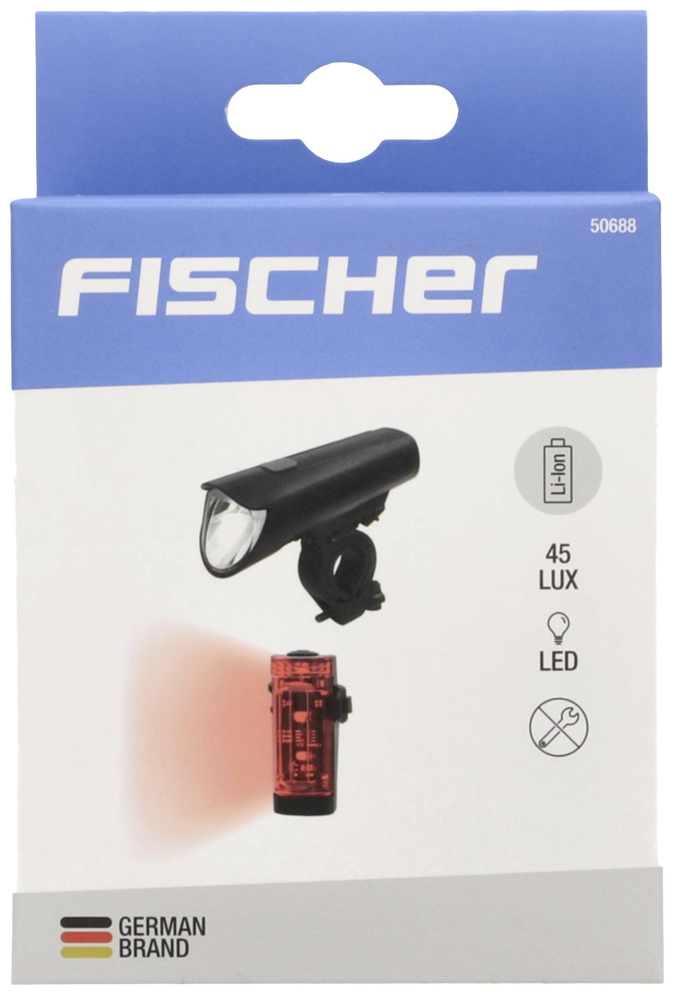 Verpackung eines Fahrradlicht-Sets mit vorderem weißen LED-Licht und rotem Rücklicht. Marke 'Fischer', 45 Lux.