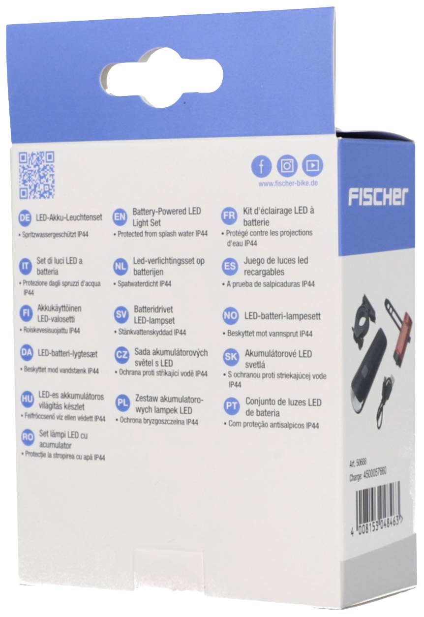 'FISCHER LED-Akku-Leuchtenset' Verpackung mit mehrsprachiger Produktinformation. Enthält ein batteriebetriebenes LED-Lichtset mit Schutzart IP44.