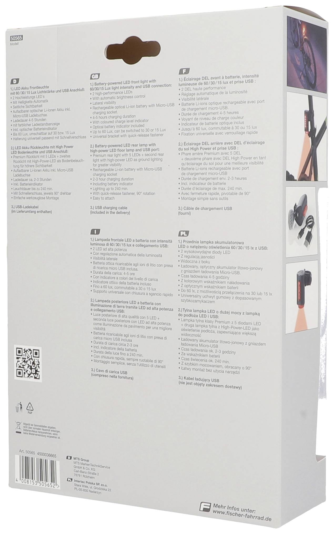 FISCHER FAHRRAD Fahrradbeleuchtung Set TWIN-60/30/15 LED Schwarz