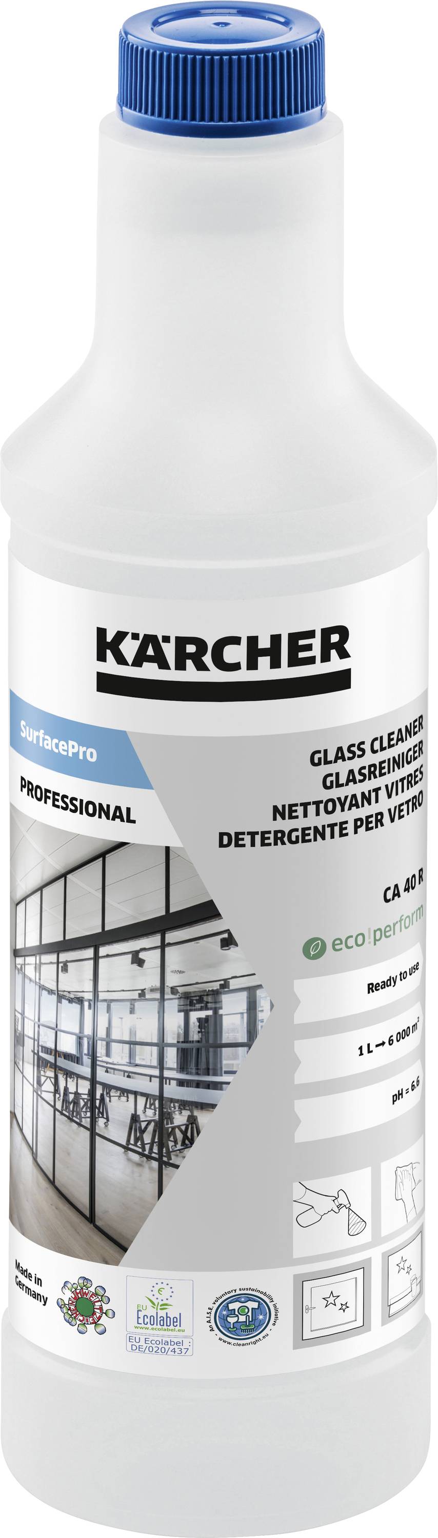 Kärcher-Glasreinigerflasche mit der Bezeichnung SurfacePro, die eine umweltfreundliche Lösung für den professionellen Einsatz auf Glasoberflächen enthält.